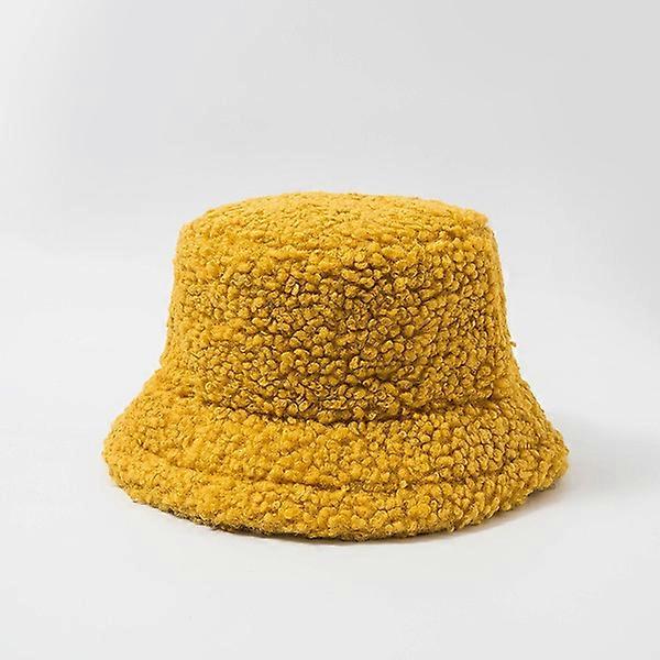 Hat Solid Artificial Fur Female Cap Bucket Hat for (Yellow)