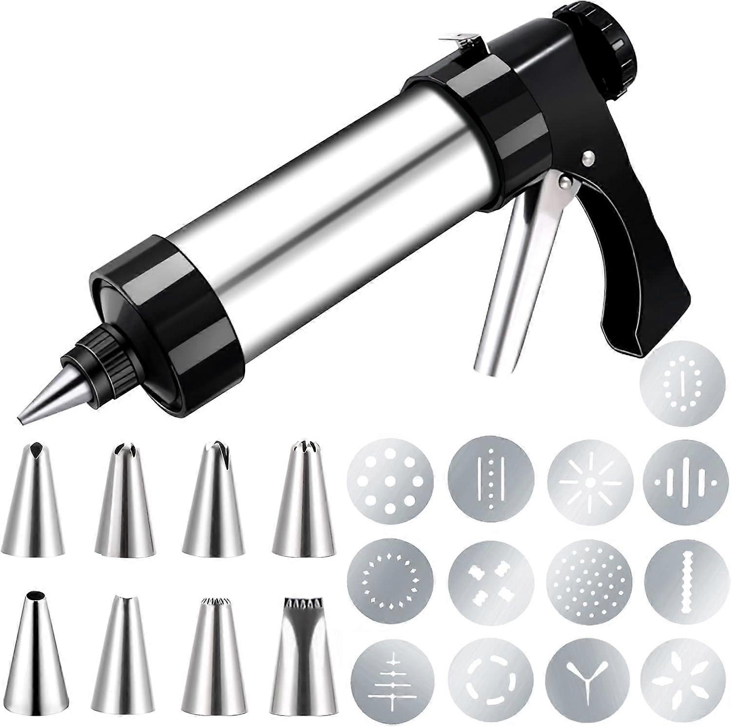 Cookie Press Gun Stainless Steel Spritz Cookie Maker Machine for Baking with 13 Discs and 8 Icing Decorating Nozzles Baking Cookie Press