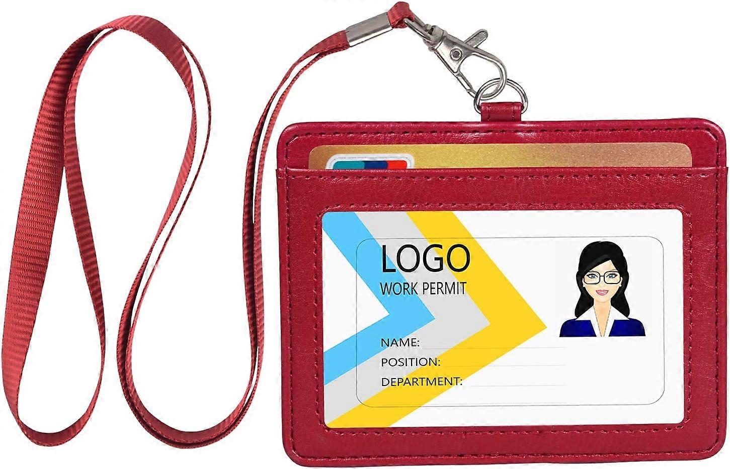ID Badge Holder, Horizontal PU Leather ID Badge Holder with 1 Clear ID Window & 1 Credit Card Slot and a Soft Flat Nylon Neck Lanyard, Wine Red