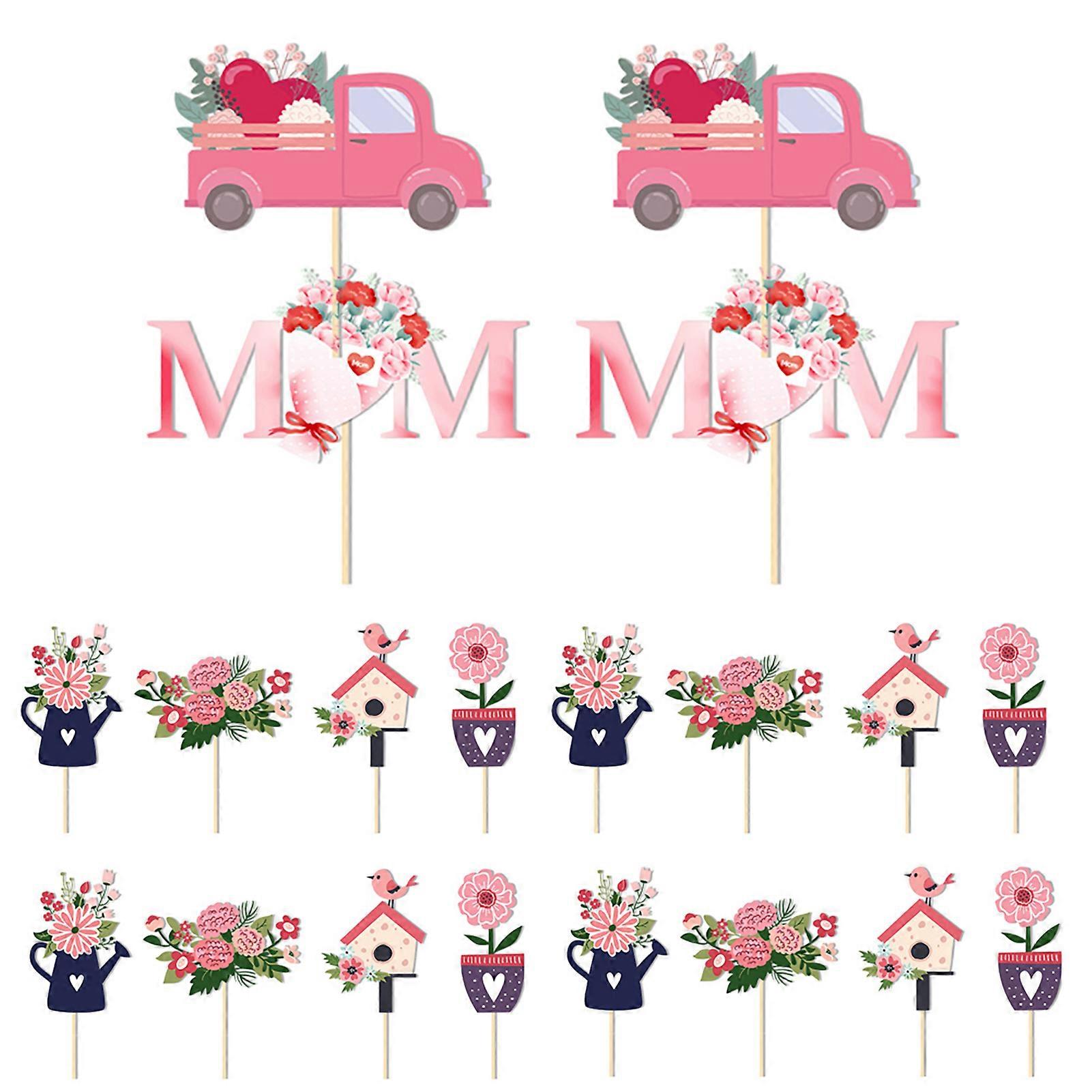 20Pcs/Set Mother Day Vase Paper Insert Set with Wooden Sticks Dot Glue DIY Assembly Floral Vase Card Inserts Venue Decoration Props Jikaix