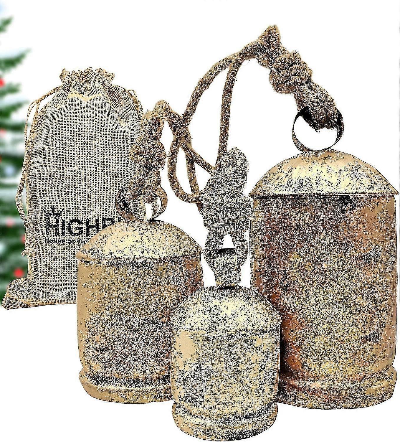 3つの巨大なカウベルのセット巨大なヴィンテージ手作り素朴なラッキークリスマスロープリアンに吊り下げるXLベル