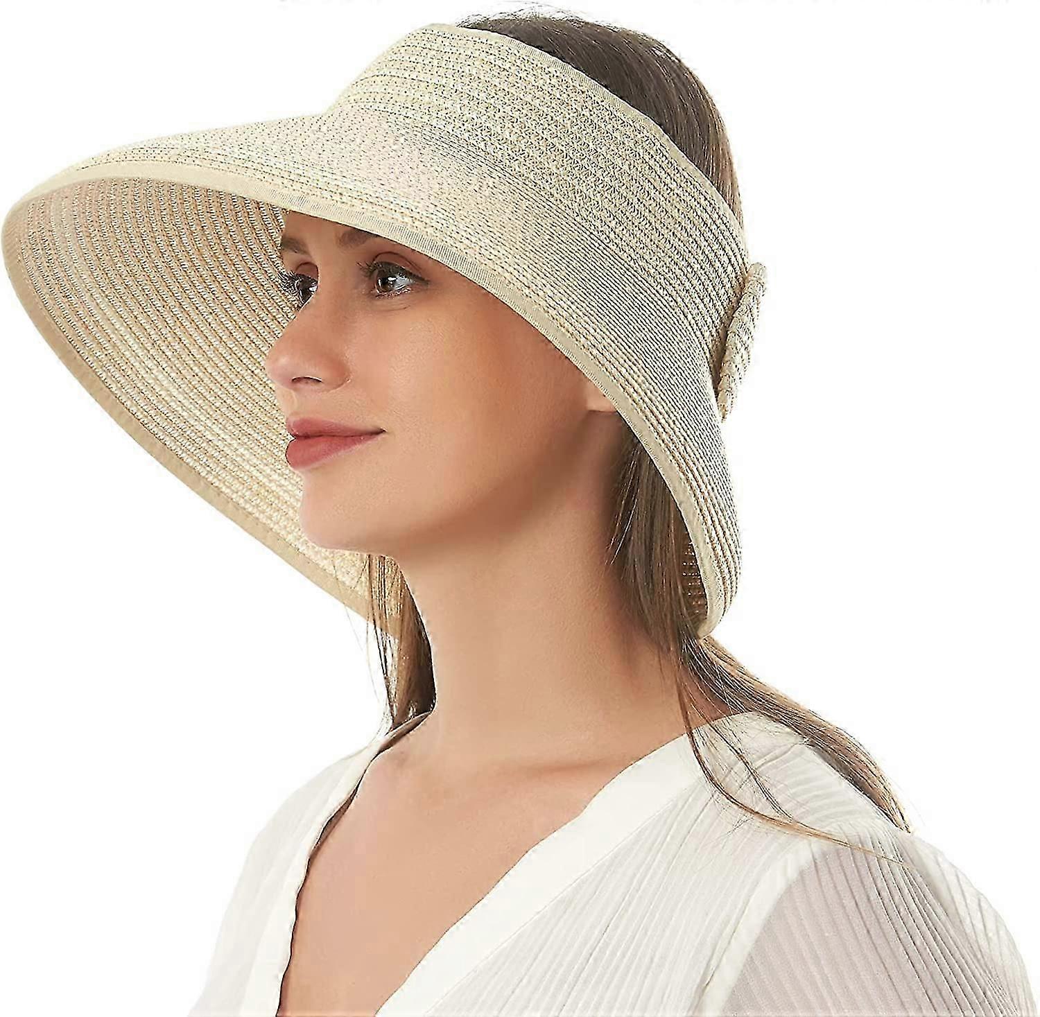 Women's Sun Visor Foldable Straw Hat Adjustable Size Wide Brim Hat (beige)