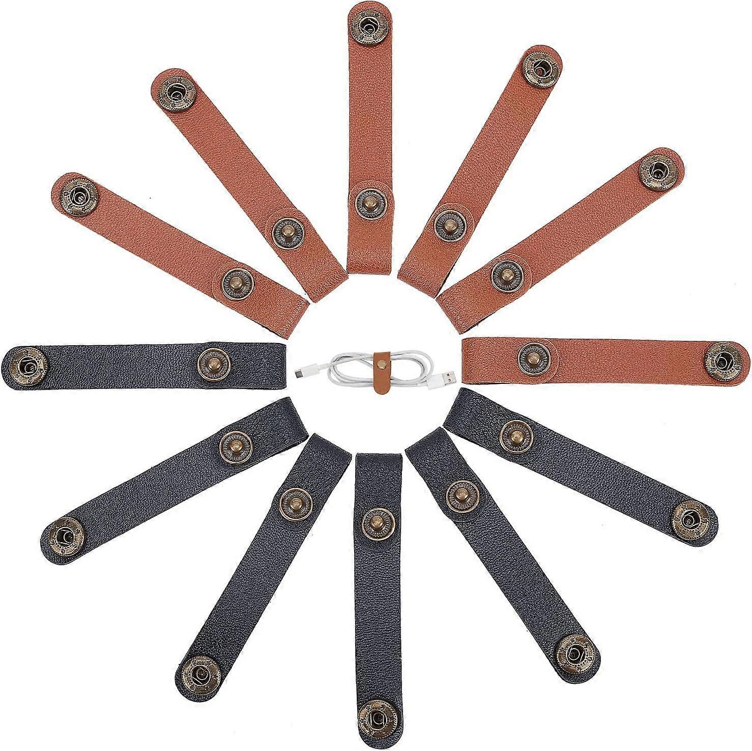 12PCS 2 Colors Leather Cord Organizer Leather Cable Clips USB Holder Fastening Ties Wire Rustic Keeper with Alloy Snap Buttons Cable Management for St