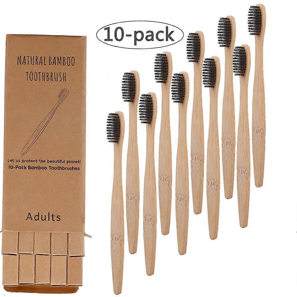 Family Bamboo Charcoal Toothbrushes with Soft Bristles - Pack of 10