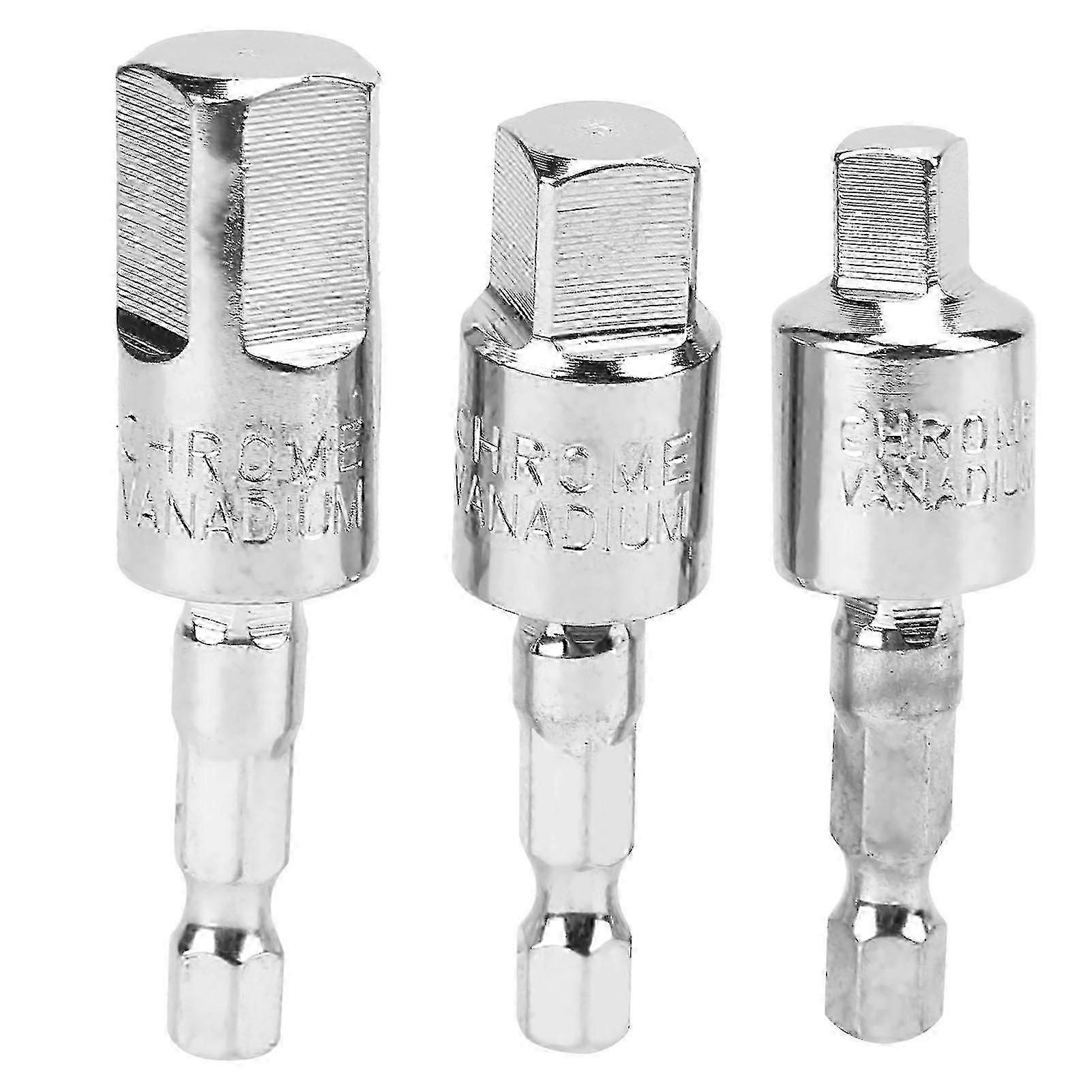 3Pcs Power Drill Socket Set Metal Hex Shank Square Adapter 360 Degree Rotatable Silver