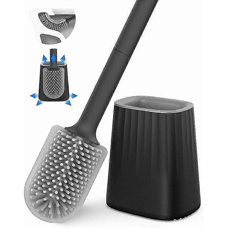 Toilet Brush, Silicone Toilet Brush Set with Wall Mount and Floor Stand, Double Sided Cleaning Brush Head, Long Handle and Container