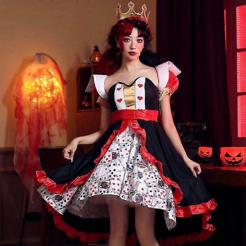 Halloween Costume Red Queen Poker Print Dress Alice in Wonderland Queen of Hearts Character Performance Dress