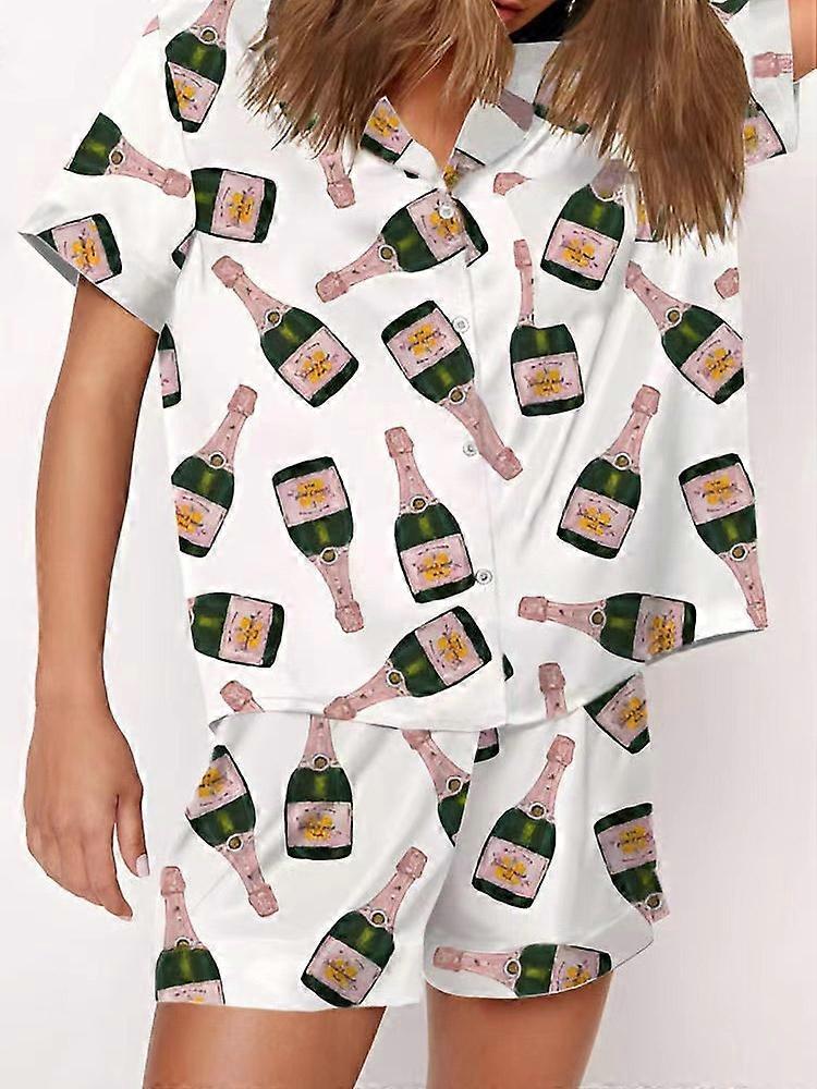 Champagne Bottles Pajama Set for Women, Printed Short Sleeve, Soft Loose Casual 2-Piece Sleepwear, Comfortable Fit