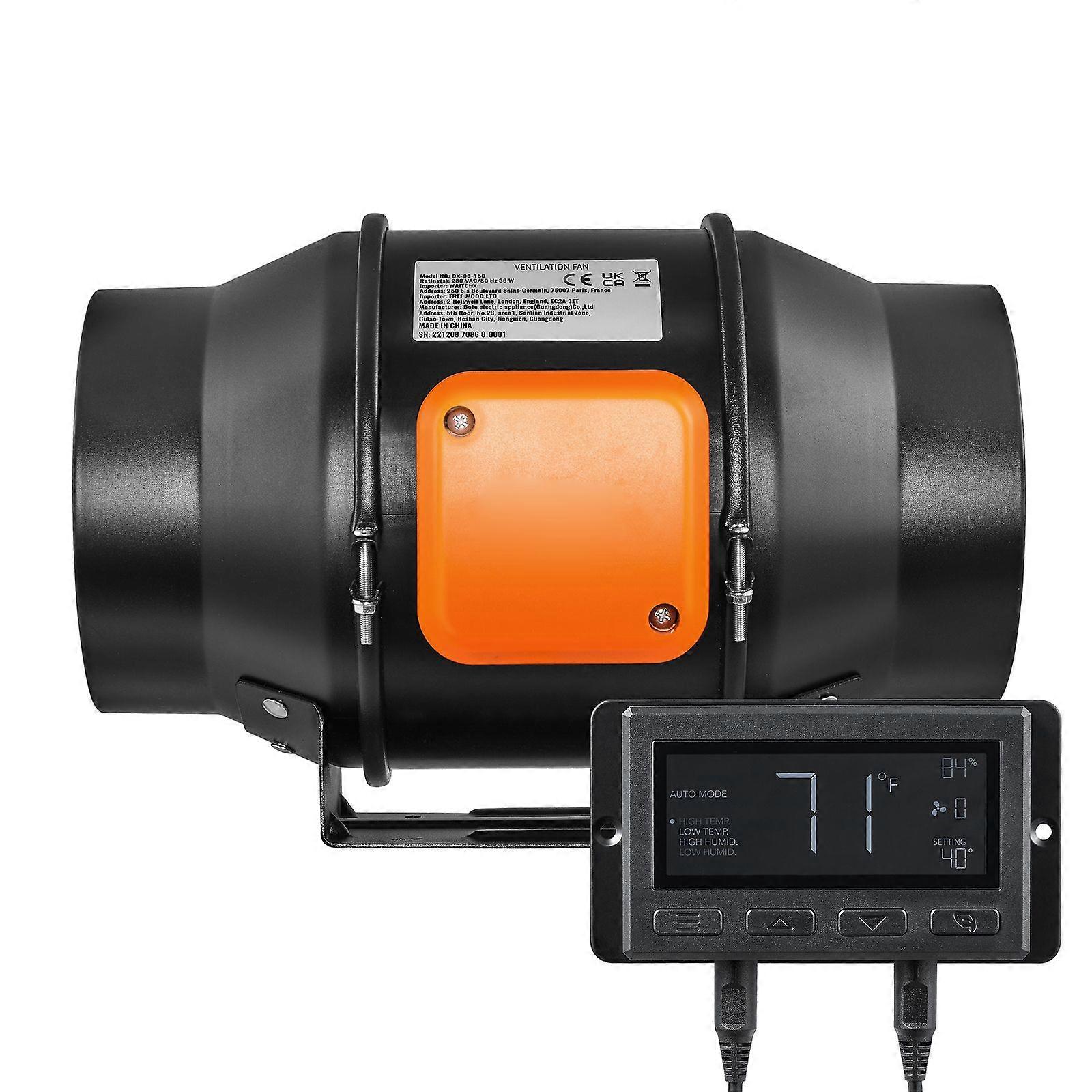 Succebuy Inline-Kanalventilator, 6-Zoll 402 CFM mit Temperatur-Feuchtigkeits-Regler, leiser EC-Motor Lüftungs-Abluftventilator für Kühl-Booster, Gr...