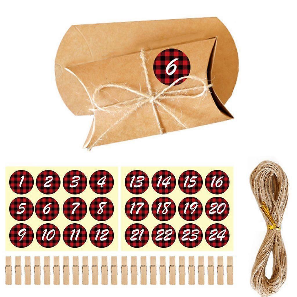 24 Sets Christmas Advent Calendar Candy Pillow Boxes with Number Lapel Wooden Clips Hemp Rope DIY Xmas Countdown Treat Bag Packaging Box Decoration
