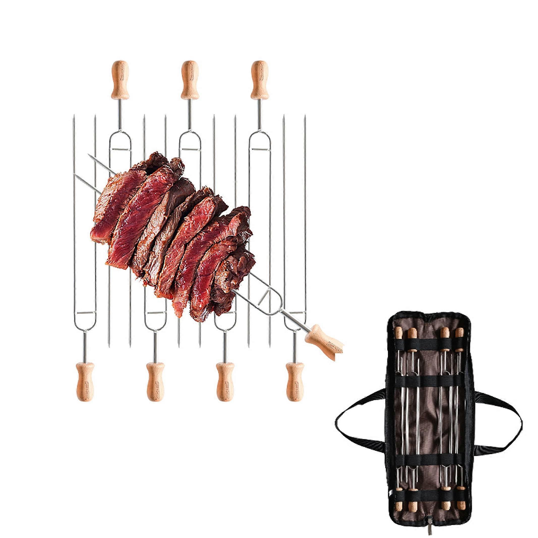 8pcs Set Stainless Steel Double Prong BBQ Skewers 13.8-Inch with Wood Handle and Storage Bag MK-8