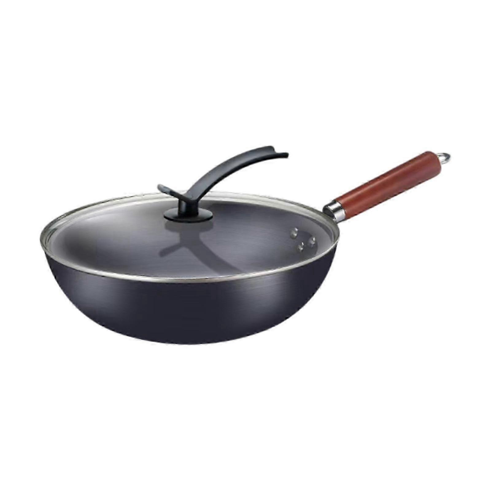 Lightweight Cast Iron Wok Pan with Wooden Handle for Stovetop, Stir-Fry, Deep-Fry, Stew & Steam