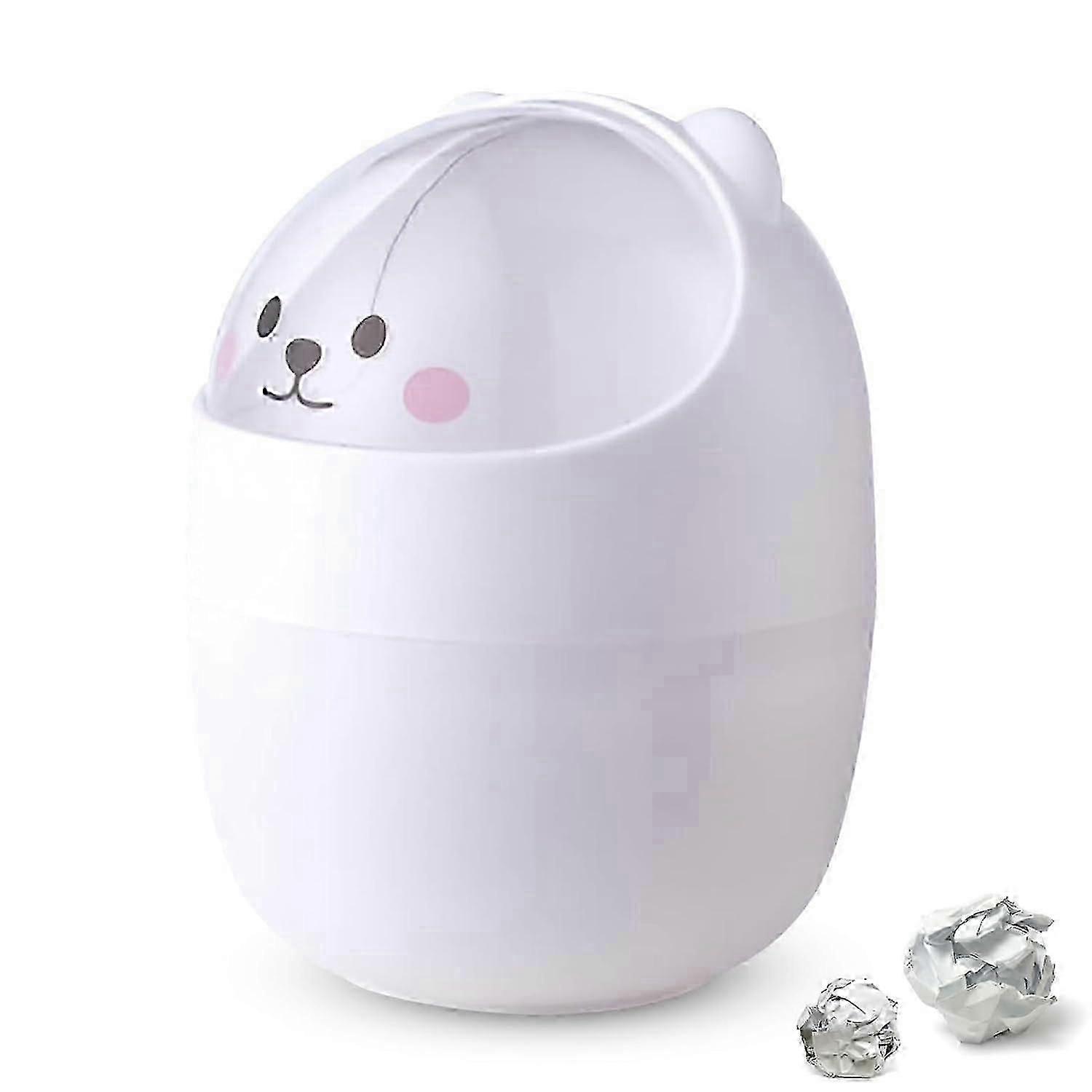 Cartoon Cat Animal Shape Waste Paper Bin with Swing Lid Mini Countertop Trash Can Small Garbage Can(White)