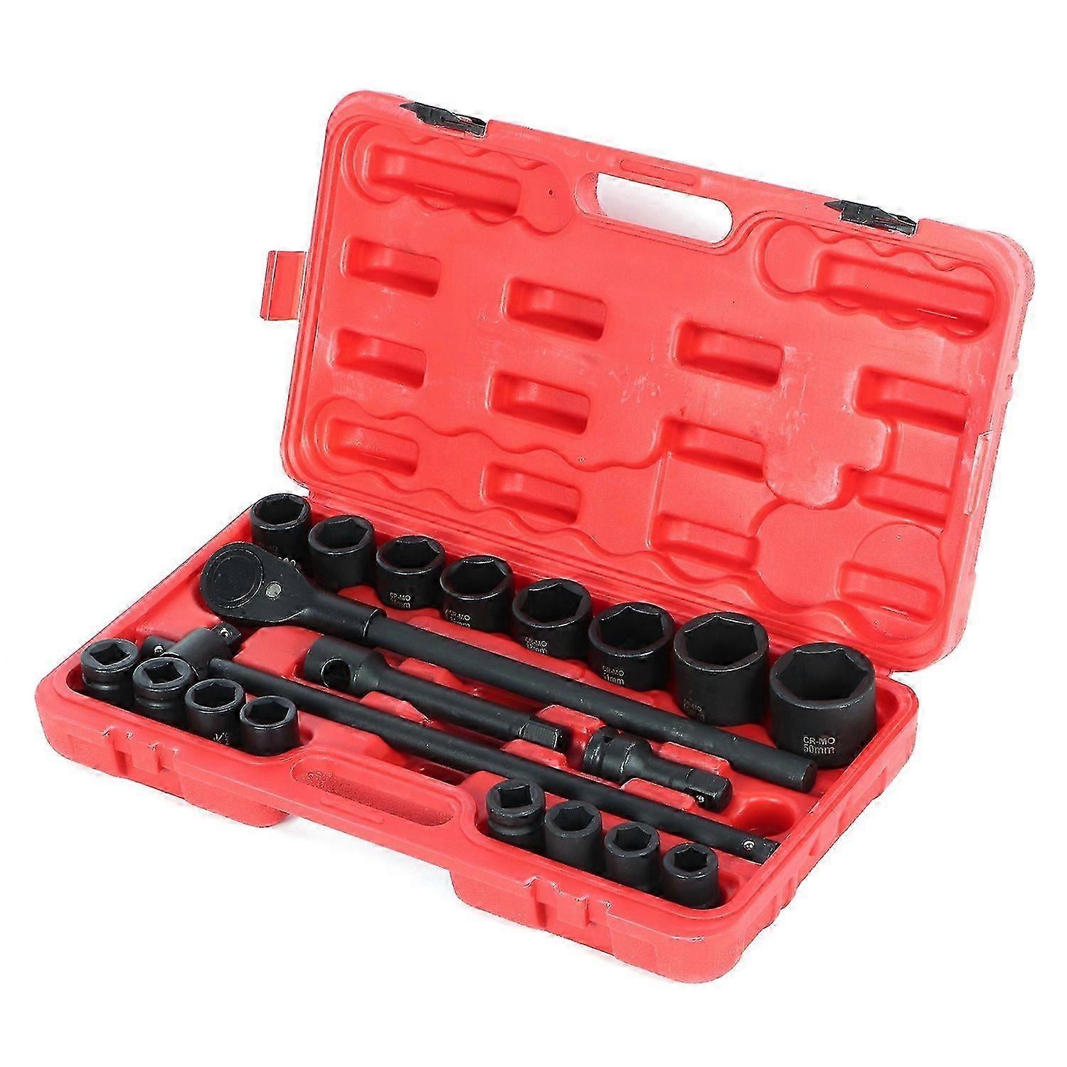 20Pcs Ratchet Socket Deep Impact Sleeve Set Hex 6 Point Metric Drive Tool 3/4in W/carrying Case