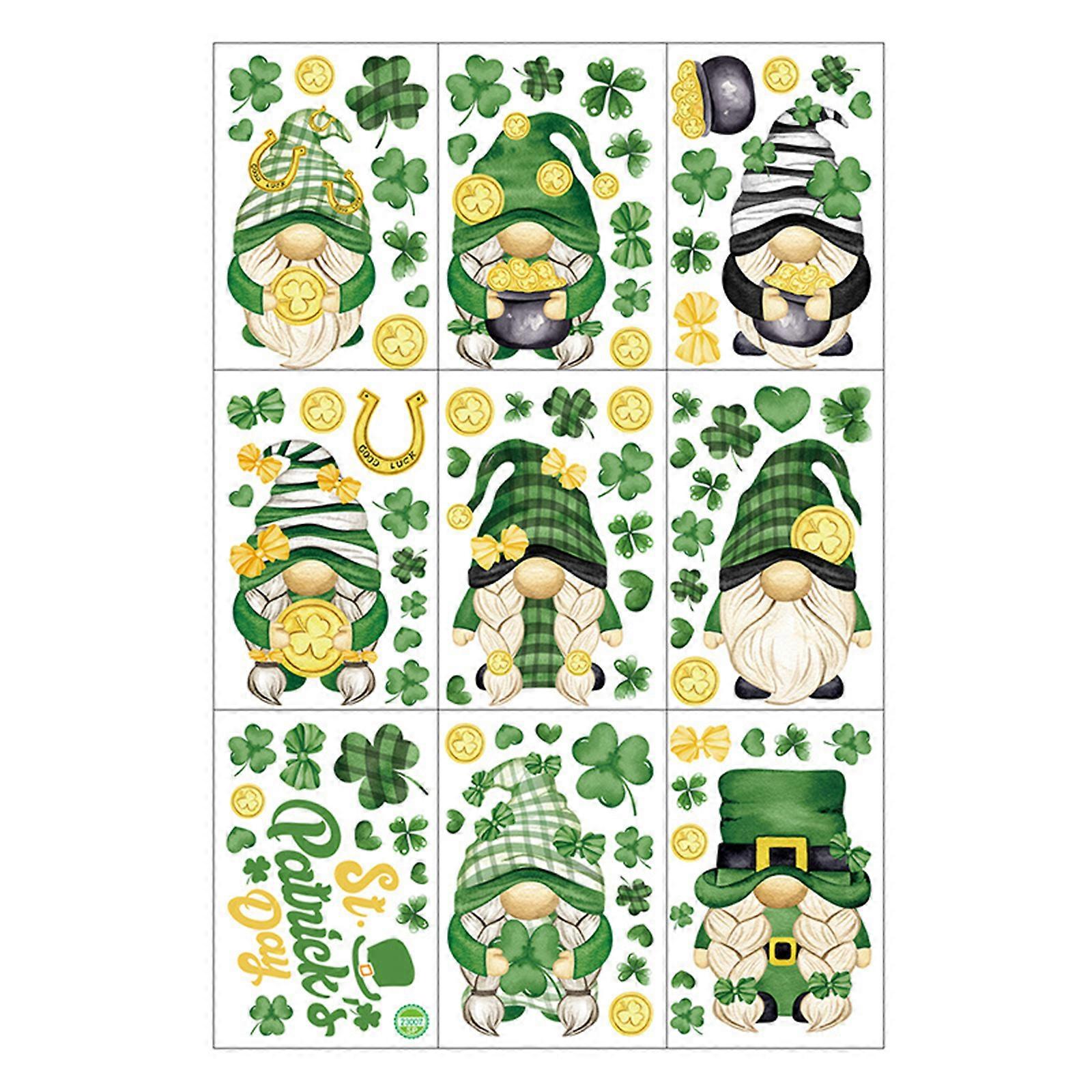9 Sheets Patricks Day Window Clings Leprechaun Green Gnome Double Sided Print Shamrock Irish Window Stickers Decals