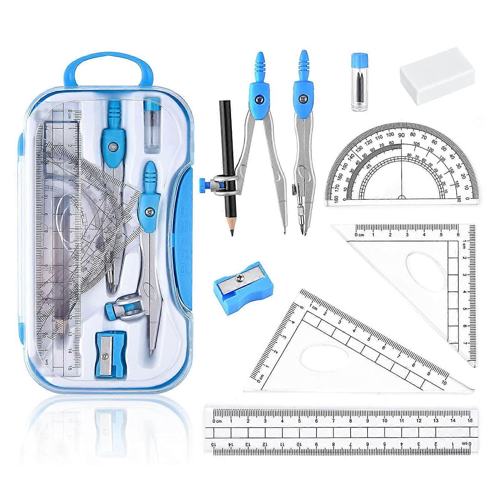 Geometry Suit, Geometry Set 10 Pieces with Compass, School Compass, Protractor, Set Square, Pencil, Eraser Blue