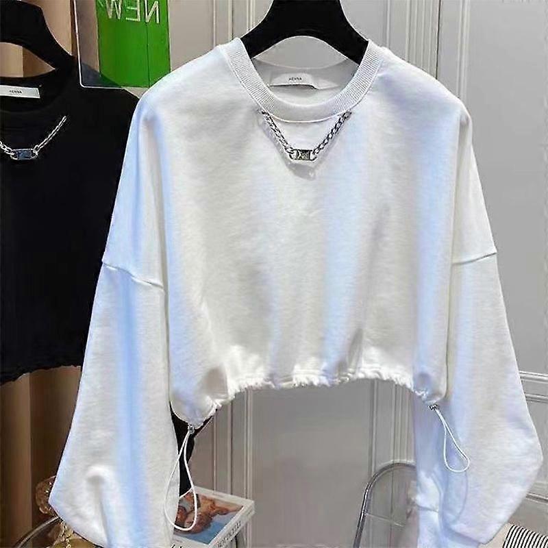 Sweatshirt Women's Short Thin Top Loose Drawstring Round Neck