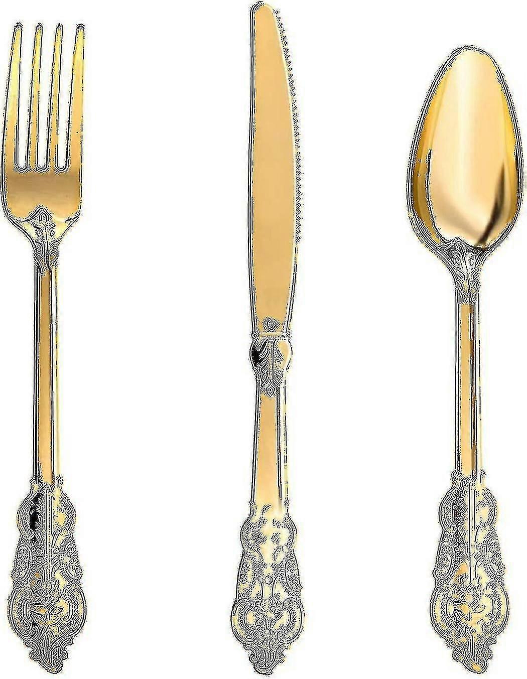 300pcsゴールドプラスチックシルバーウェア食器食器-ヘビー級ゴールドプラスチックカトラリーセット、100ゴールドフォーク、100ゴールドスプーン、100ゴールドナイフ、ゴールドツール