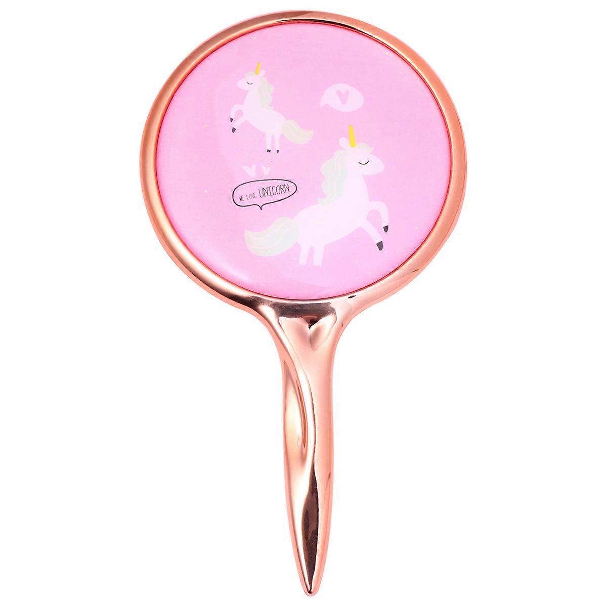 Adorable Unicorn Pattern Portable Round Mini Makeup Mirror with Handle, Durable Surface Compact Mirror for Travel and Home Salon Use, Pink