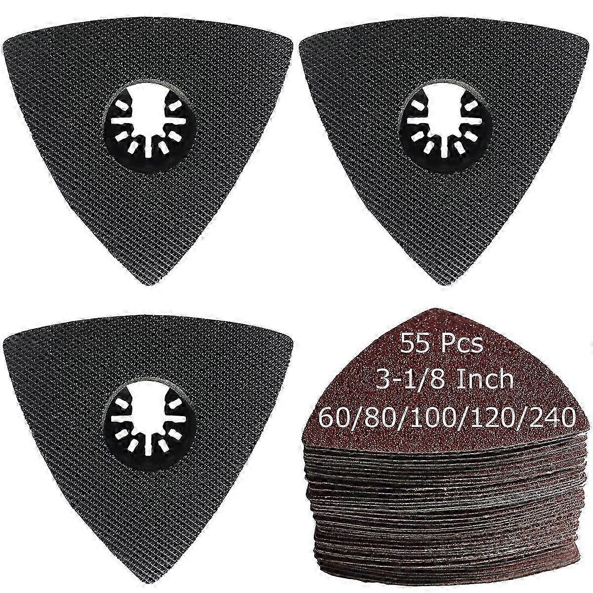 Triangular Multitool Sanding Pads Kit - 55 Pcs Sandpaper Set with Various Grits (60/80/100/120/240) and 3 Pcs Aluminium Oxide Pads, Suitable