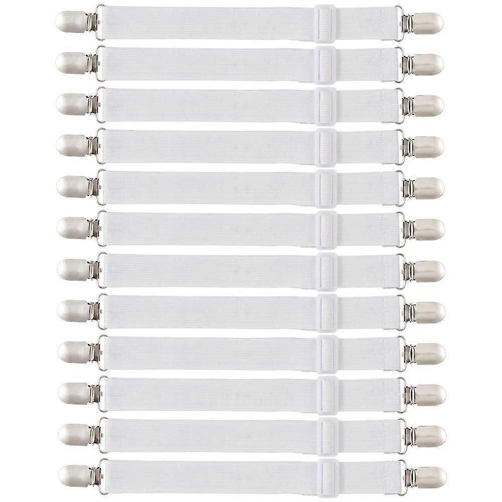 12 Pack Adjustable Bed Sheet Straps with Metal Clips, White Elastic Fitted Sheet Holders for Mattress, Sofa, Ironing Board