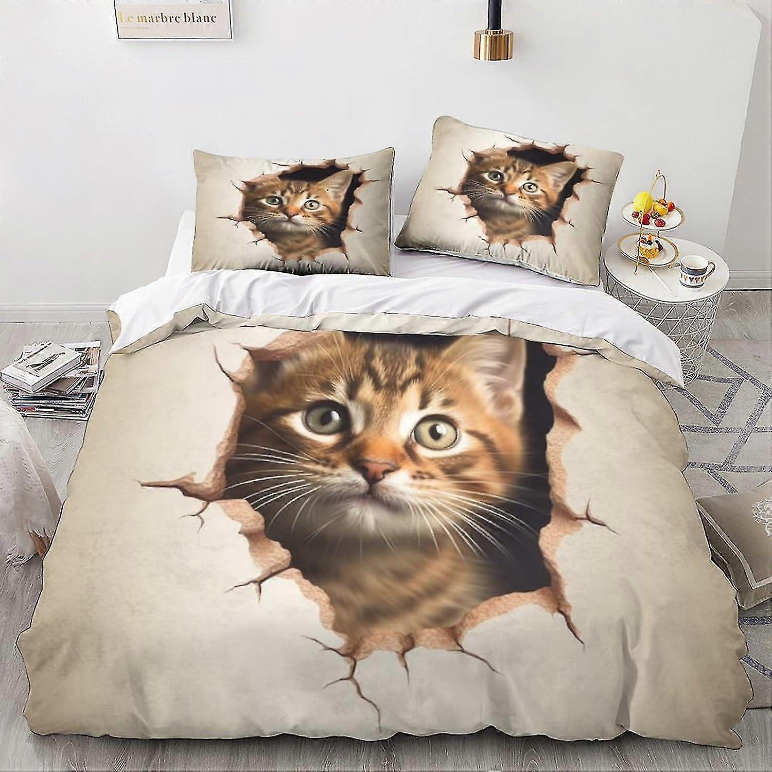 Cute Kitty Print 3D Digital Print Animal Bedding Sets Soft Microfiber 3Pcs Quilt Cover com fecho de zíper