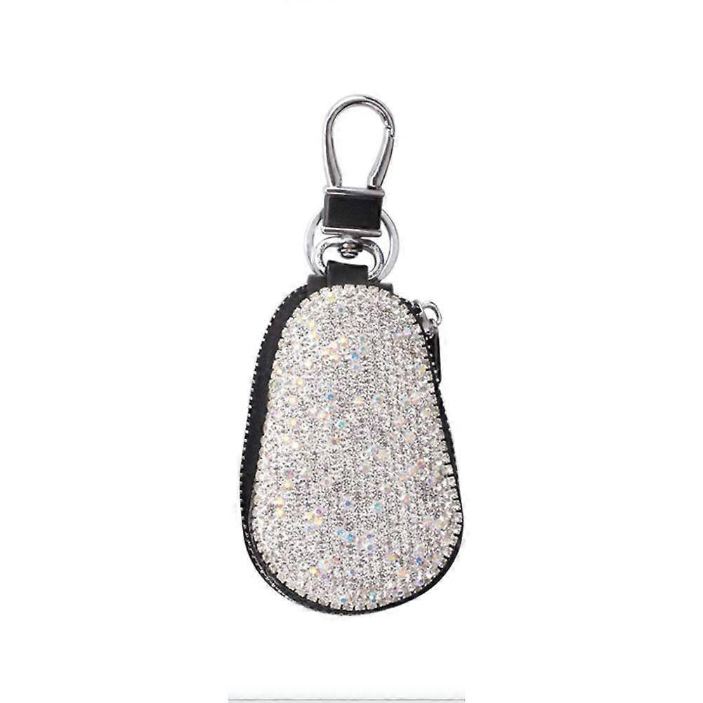 Bling Bling Car Key Bag, Rhinestone Glitter Diamond Leather Key Fob Zip Case for Women, Silver Key Ring Holder