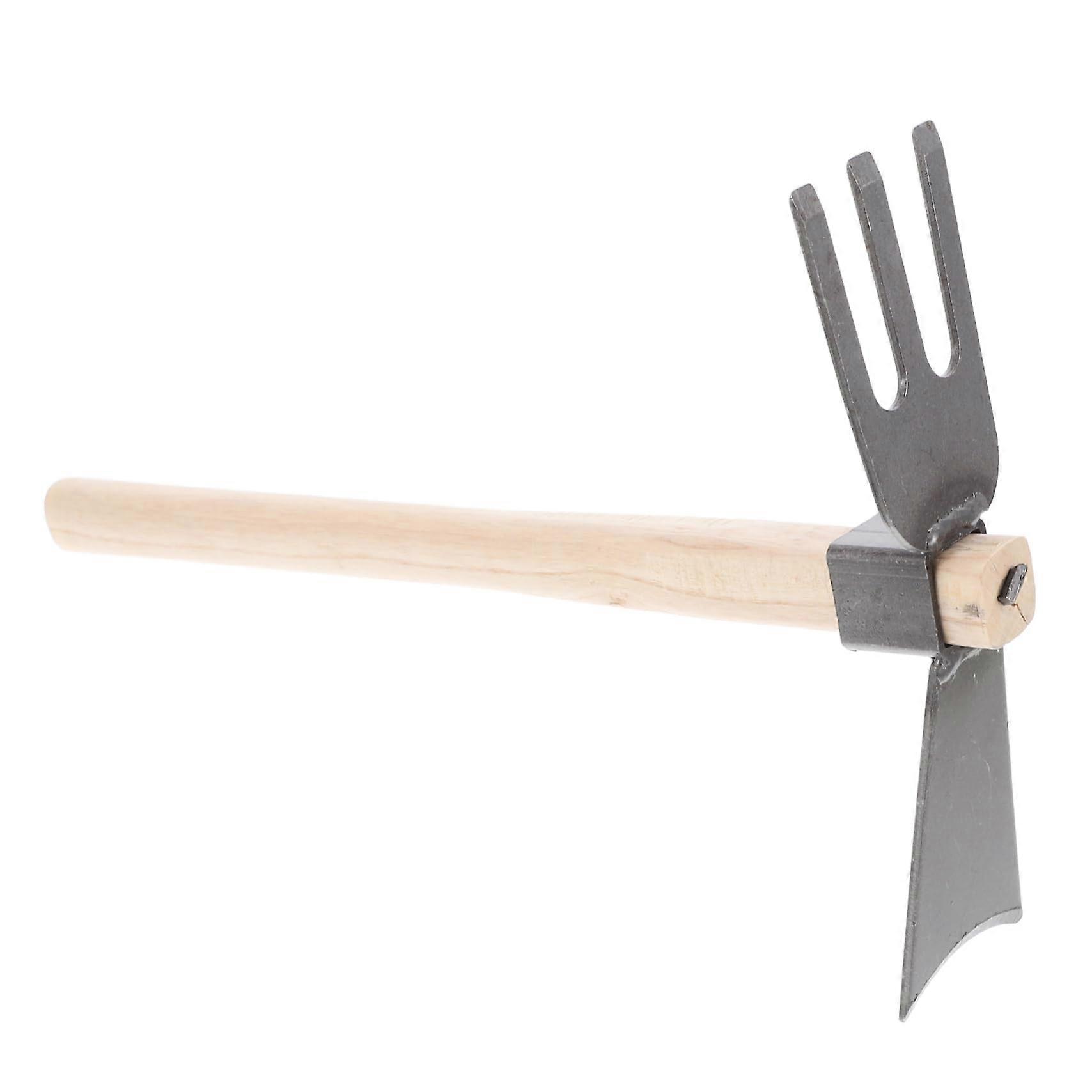 Garden hoe hand tool with ergonomic wooden handle for weeding and planting.