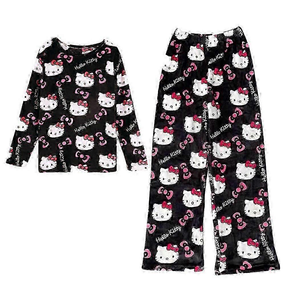 Hello Kitty tecknad pyjamas pyjamas set för kvinnor tjejer, långärmad kawaii-skjorta byxor nattkläder nattkläder -wh