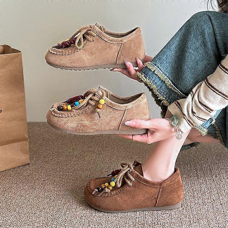 Retro flat beaded Birkenstocks for women 2025 autumn kangaroo shoes fashionable all-match casual shoes