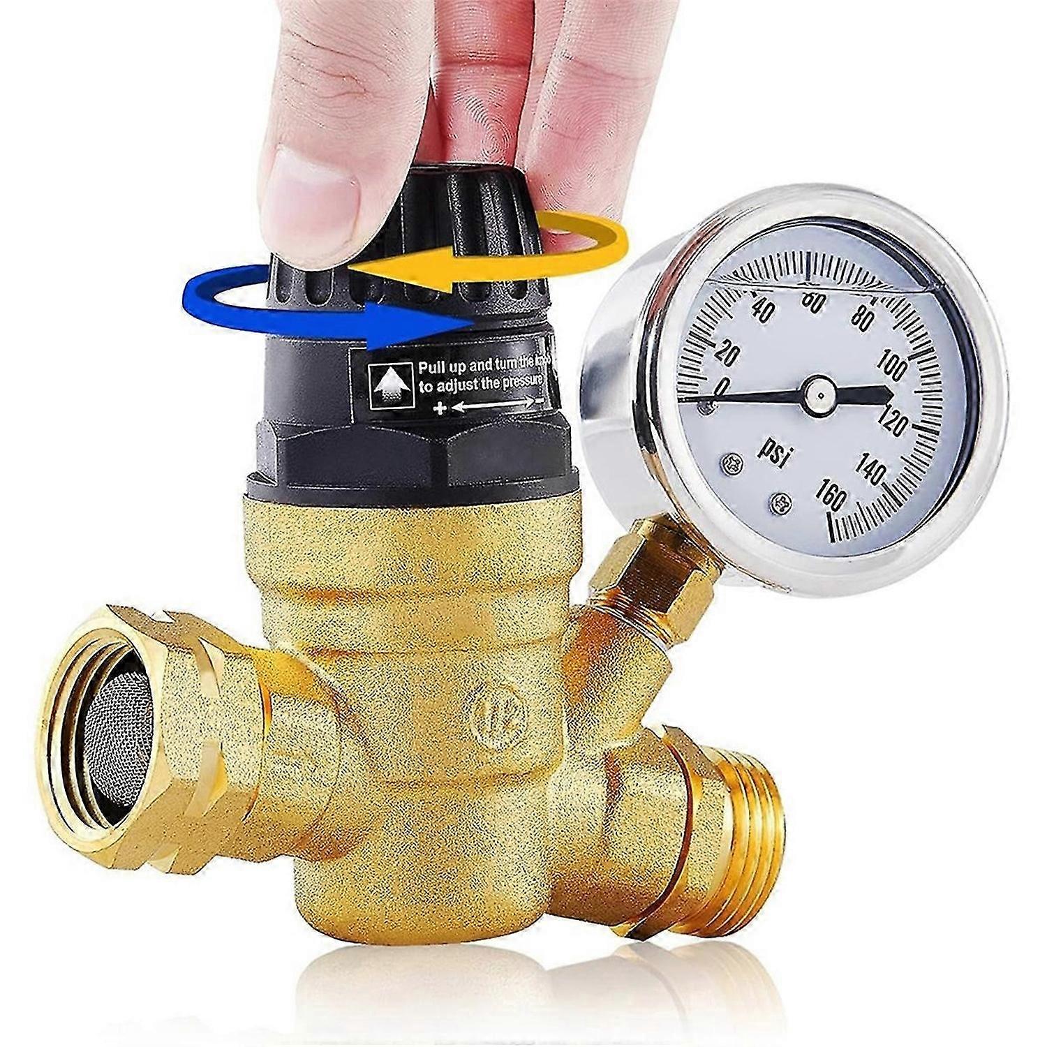 RV Water Pressure Regulator Valve, Adjustable Water Pressure Reducer with Gauge and Inlet Screen Fil