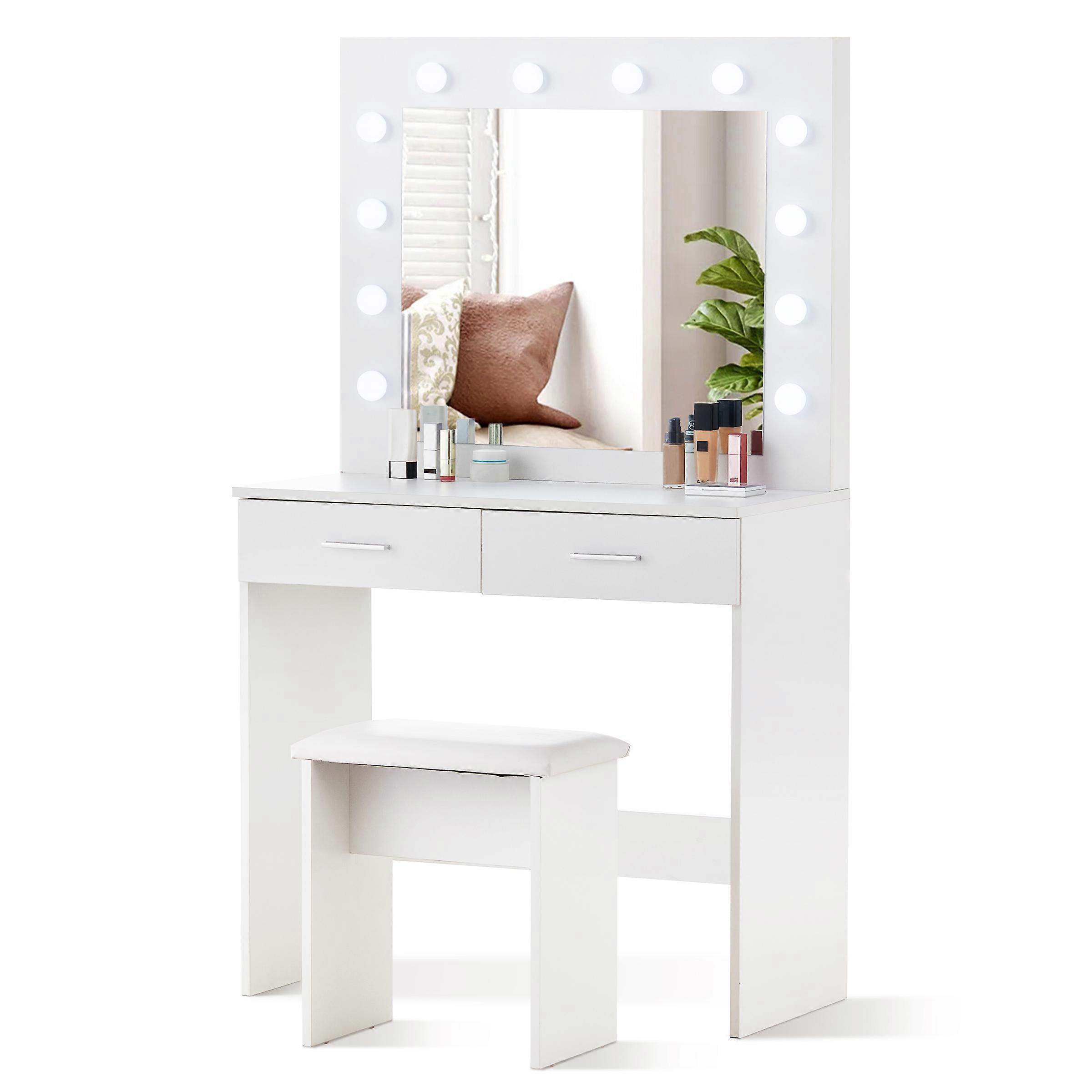 Dressing Table with Hollywood LED Light Mirror, Makeup Vanity Table with 2 Storage Drawer and Stool