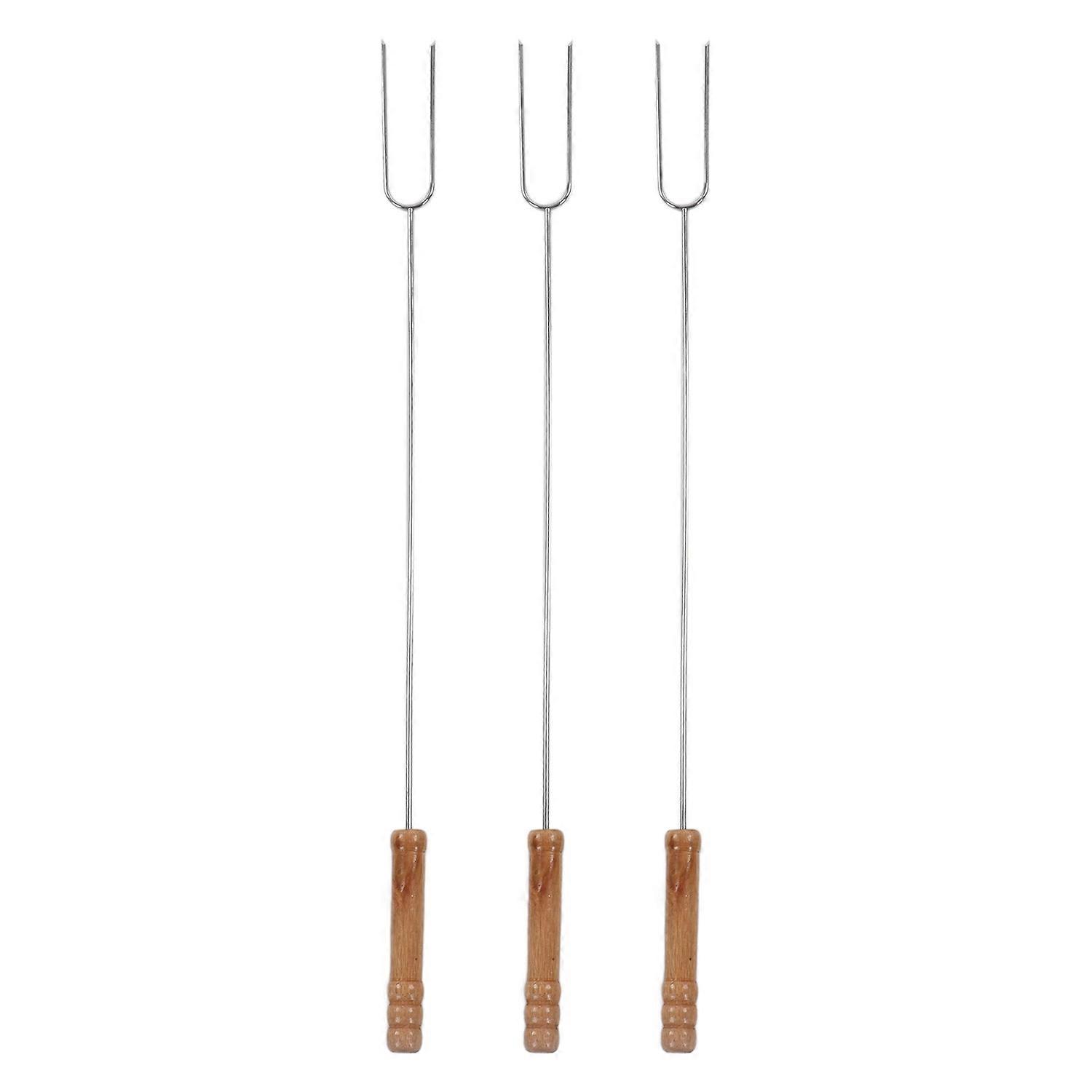 3Pcs Barbecue Forks Multifunctional Stainless Steel Roasting Stick with Beech Wood Handle for Outdoo
