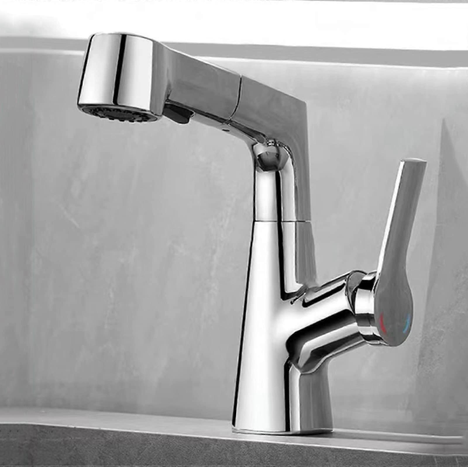 Pull Out Bathroom Mixer Basin Tap Liftable, Single Lever, Extendable TwoFunction Sprayer, Rotatable 360 Chrome, HotCold