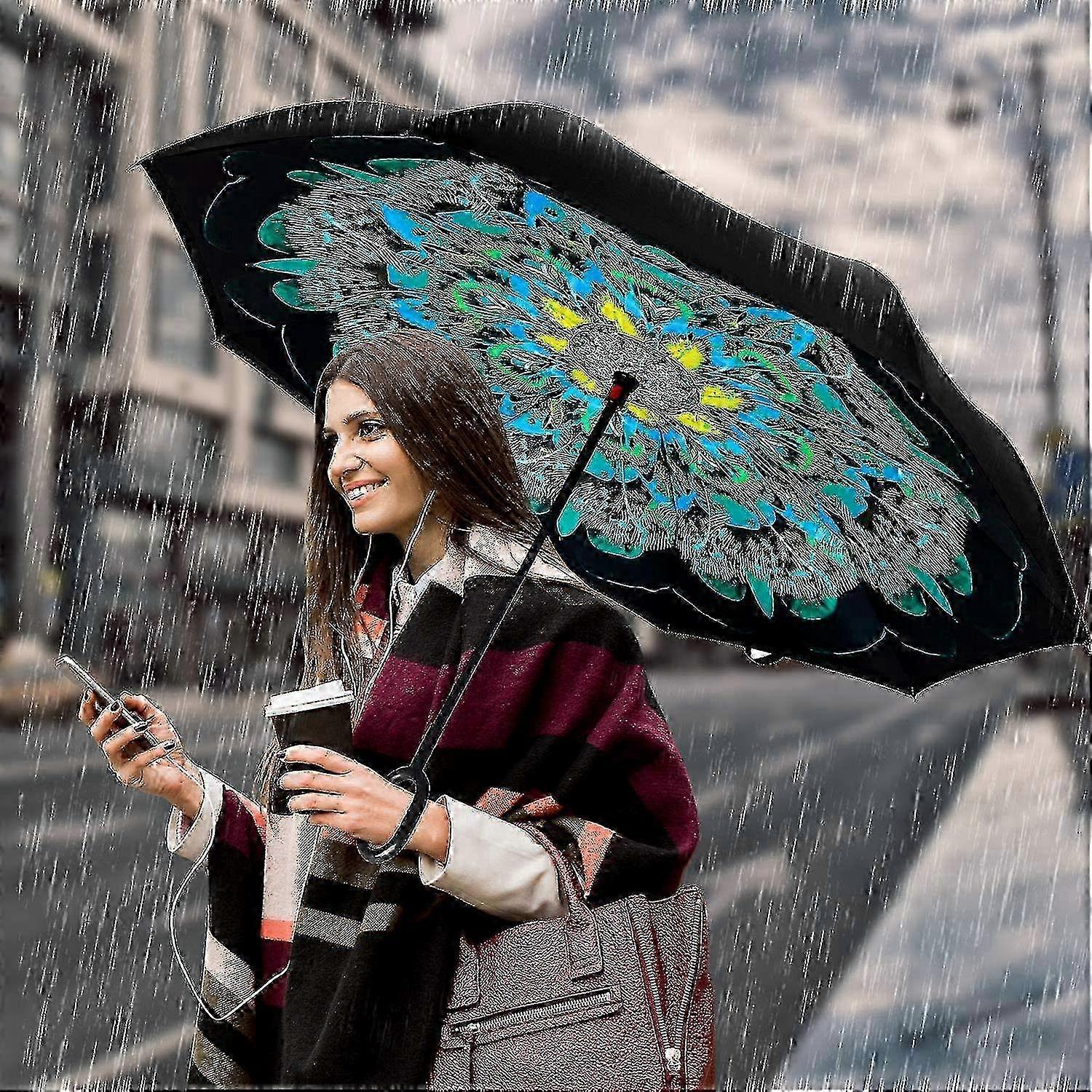 Windproof Double Layer Inverted Umbrella Self Standing Inverted Rain Cover Auto Reverse Umbrellas With C Shape Handle