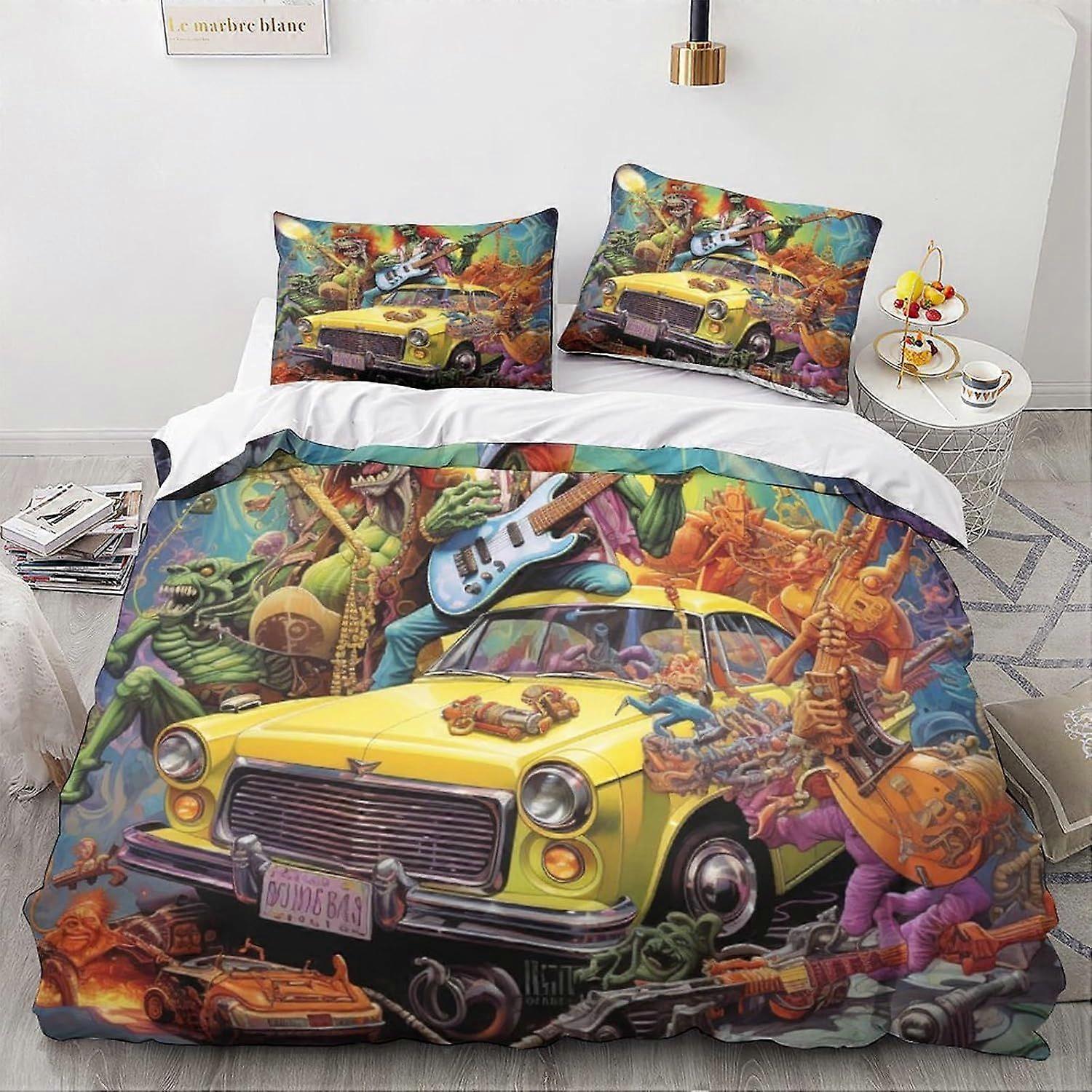 LikeEj 3 Peças Monstros Edredom Capa Set 3D Cartoon Impresso carro vintage Tema Cama Colcha Capa edredom com fechamento com zíper, cama de microfibra Duplo