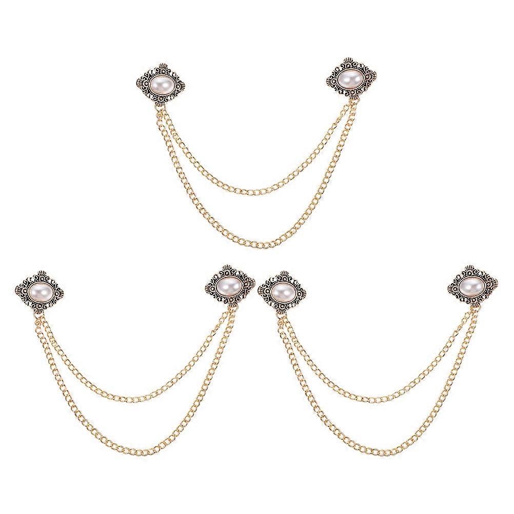 Retro Suit Brooch For Men In Golden Color With Chain For Business Meetings And Formal Events 3Pcs