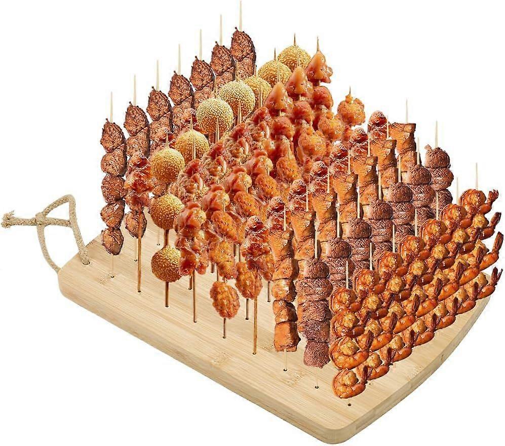 Bamboo Food Skewers Holder Rectangle Fruit Kabobs Skewers Stand 70 Holes Lollipop Display Stand Wheat Color Wooden Appetizer Food Display Holder for B