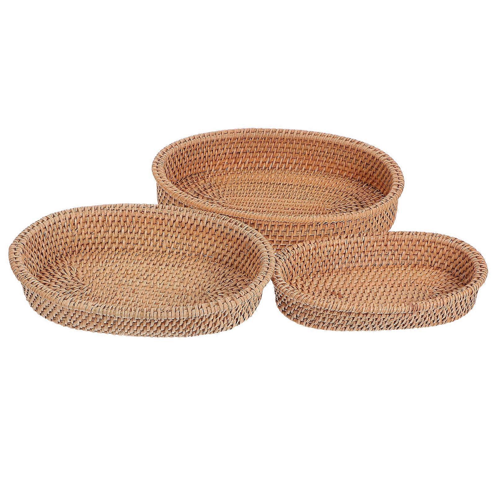 Handwoven Rattan Snack Tray for Storage 3Pcs Oval Bread Serving Basket Set