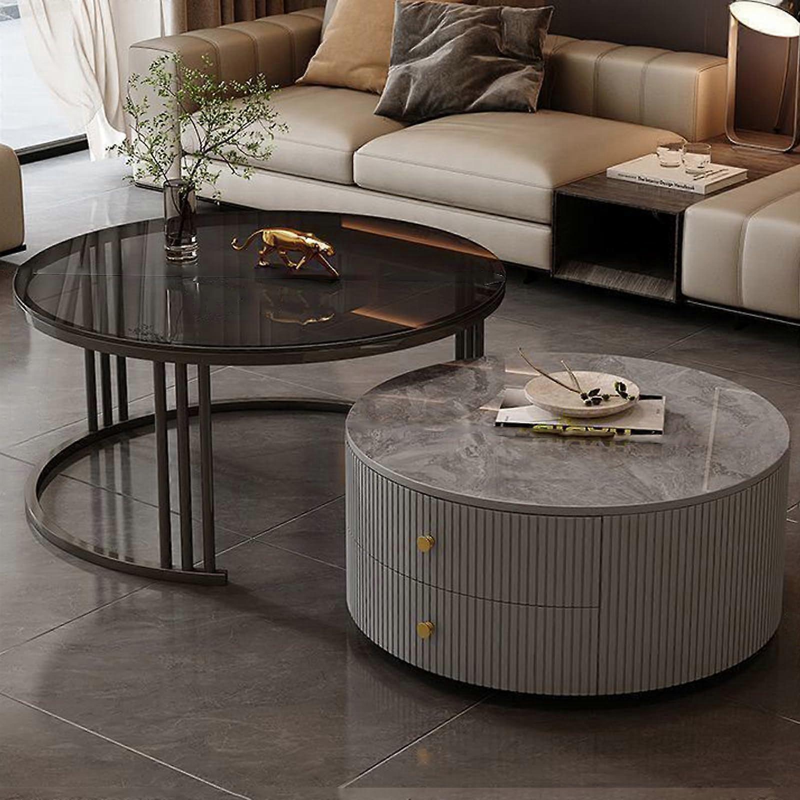 Modern Round Nesting Coffee Tables Set Of 2, Walnut Finish, 19.6x13.7in And 27.5x17.7in, Large Storage, Easy Maintenance