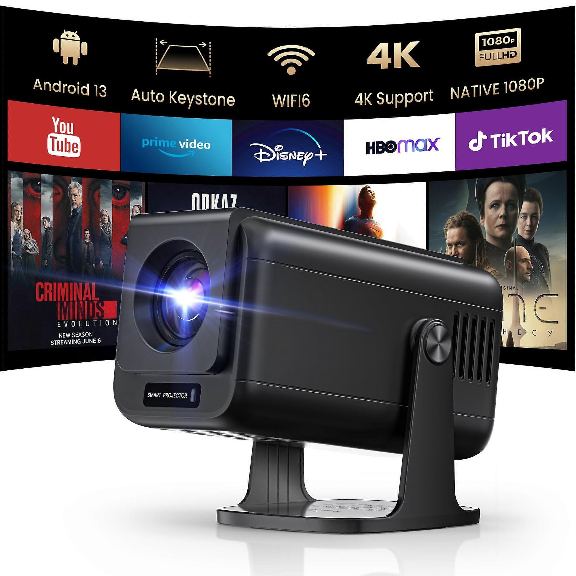 Mini 4K Projector with WiFi Bluetooth, Android 13 HDR10+, 270° Stand, Outdoor Home Theater