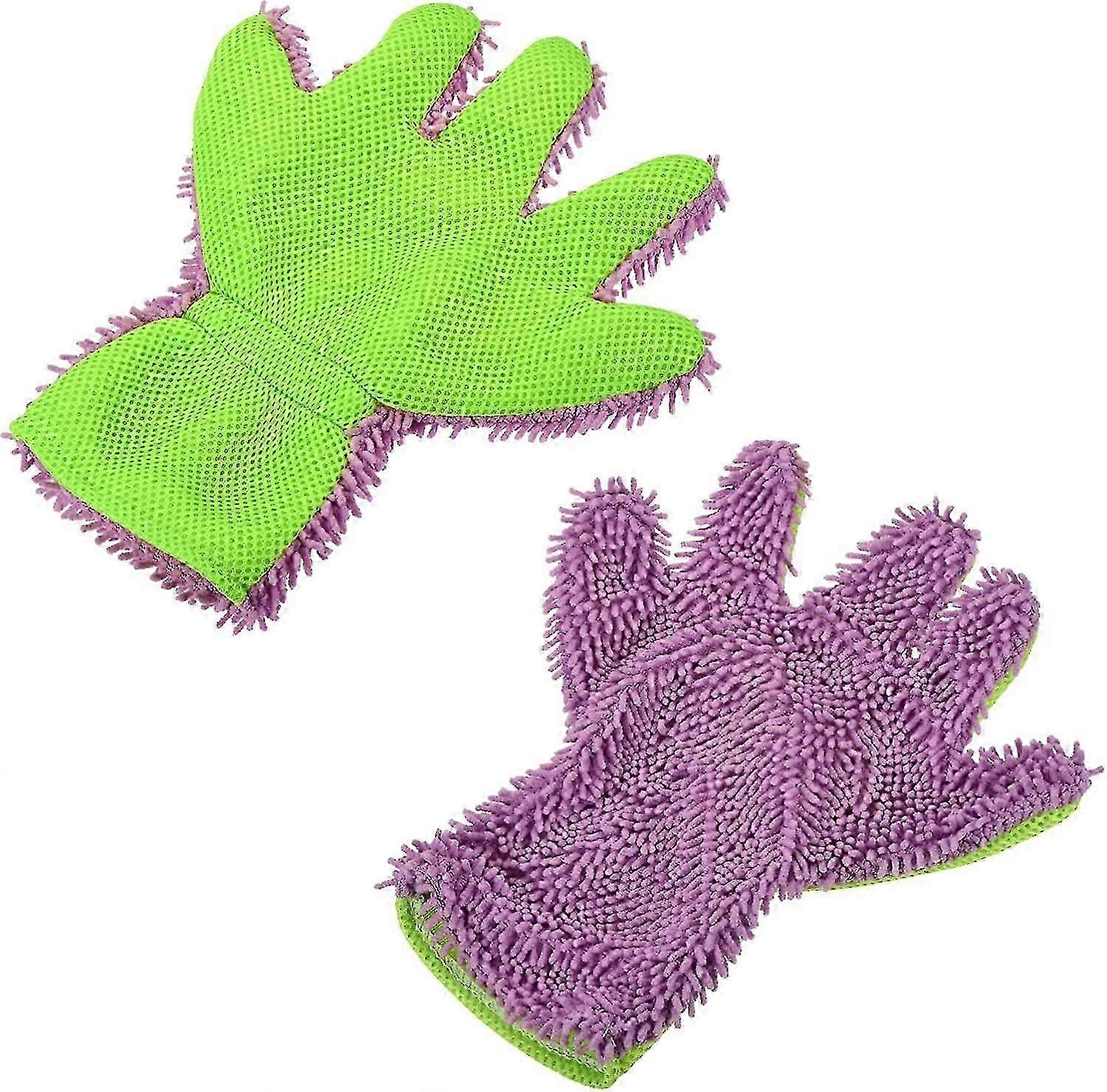 Microfiber Double Sided Chenille Dusting Gloves For Kitchen, 2pcs-green Purple