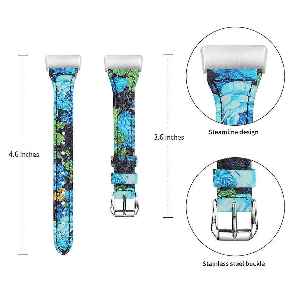 Flower Pattern Genuine Leather Smart Watch Strap Replacement for Fitbit Charge 4/3