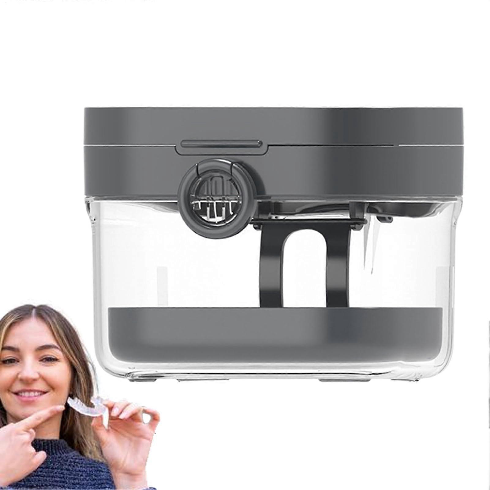 Denture Bath with Mirror for Deep Cleaning Retainer Mouthguard Soaking Cup Gray