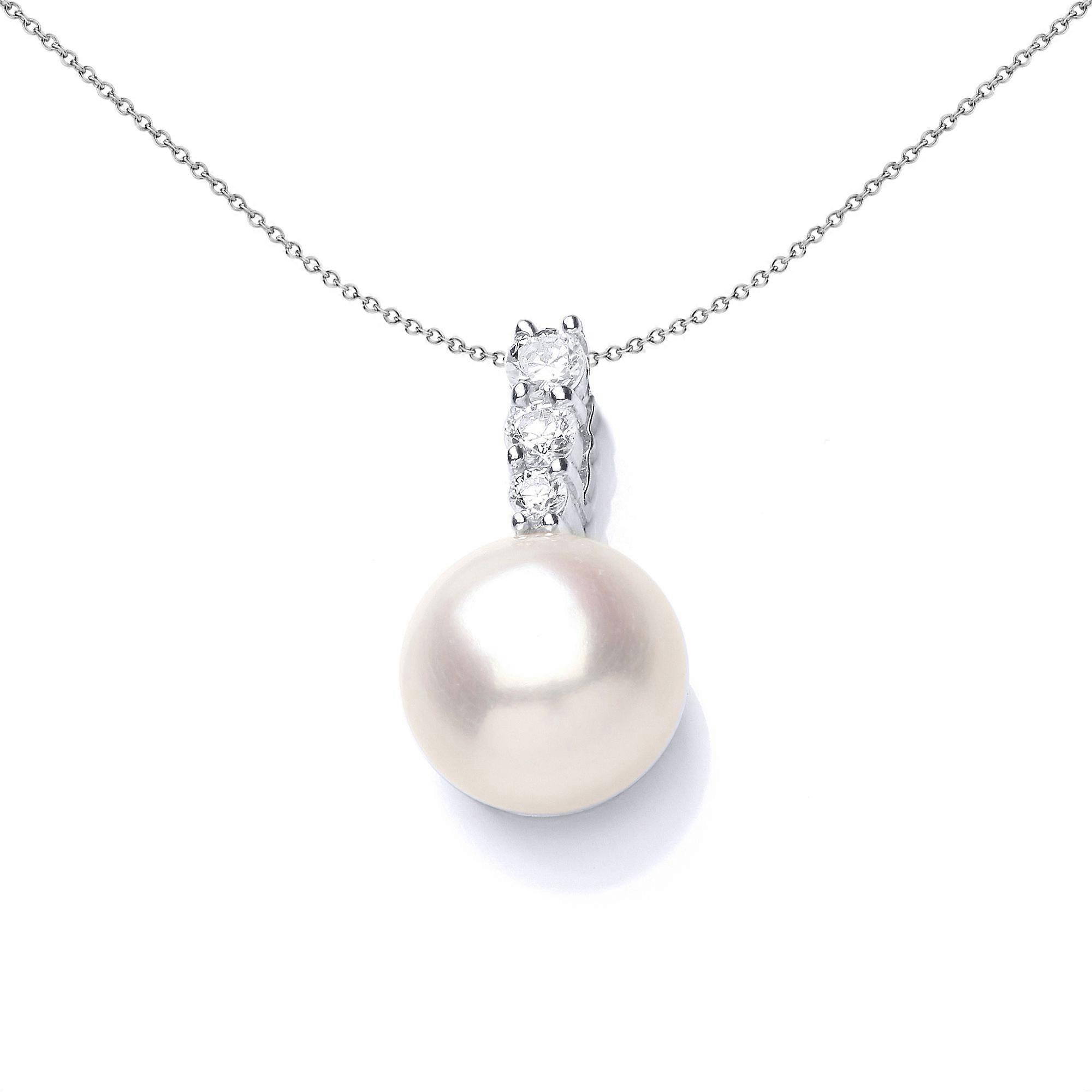 Jewelco London Sterling Silver CZ & Freshwater Cultured Pearl Full Moon Trilogy Bail Pendant Necklace 10mm 18 inch
