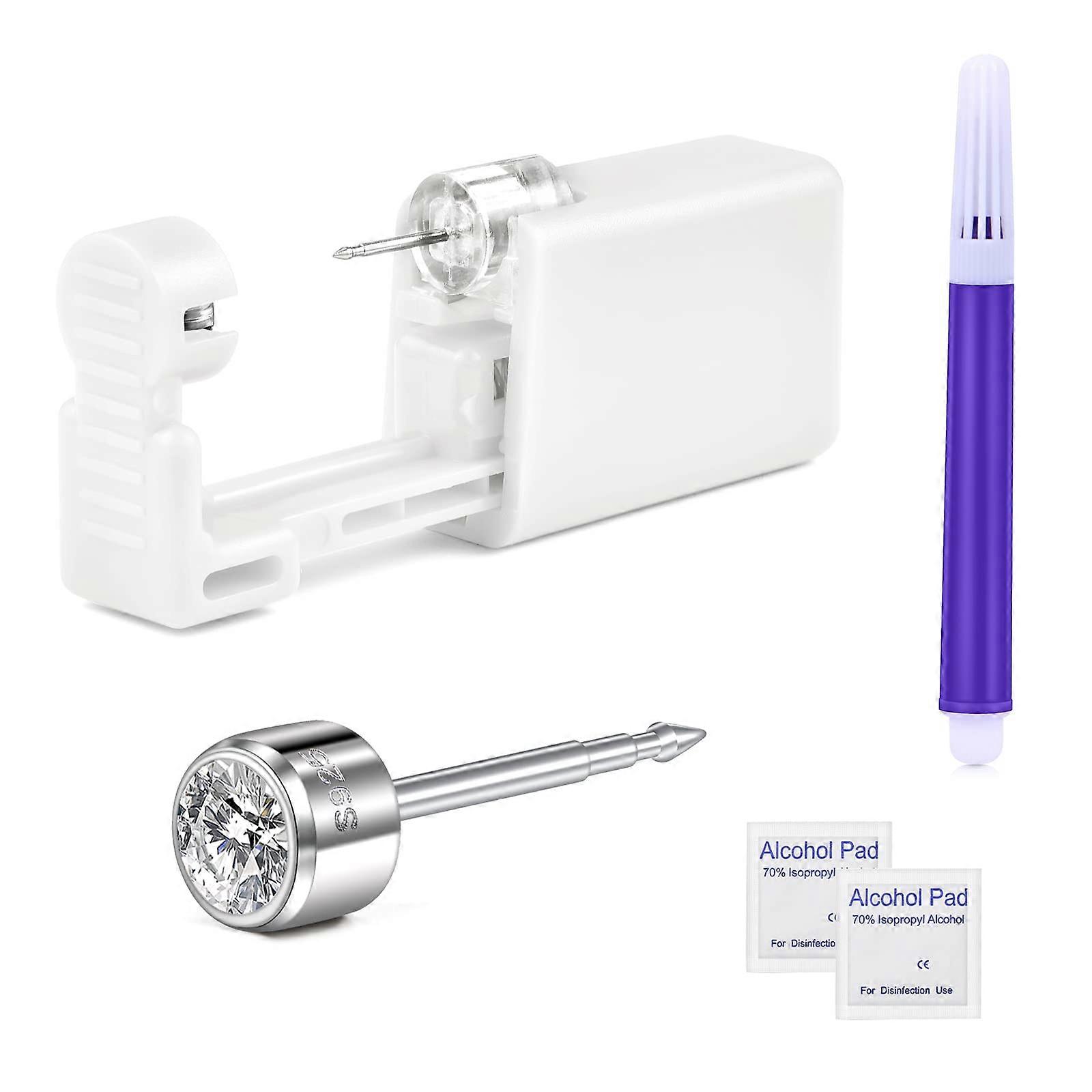 Ear Piercing Kit with 925 Sterling Silver Hypoallergenic CZ Studs, Disposable Self Piercing Gun