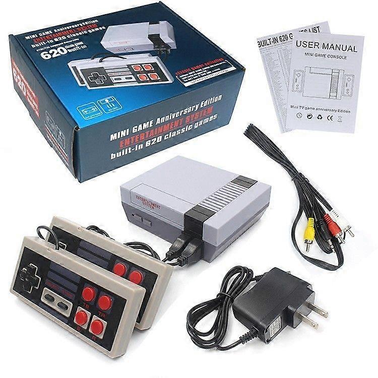 Retro game console with 620 built-in games, plug and play, classic mini entertainment system.