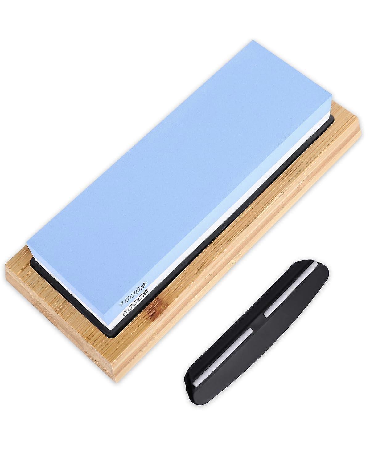 Whetstone Knife Sharpener Kit 1000 6000 Grit Dual Sided Stone with Bamboo Base and Angle Guide