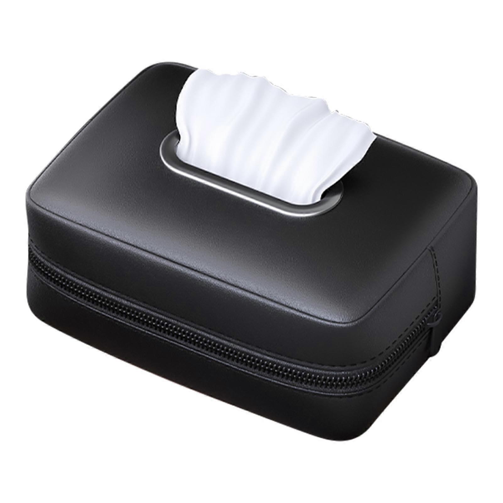 Black Leather Car Tissue Holder with Strap, Sun Visor or Seatback Mount, Easy Tissue Access