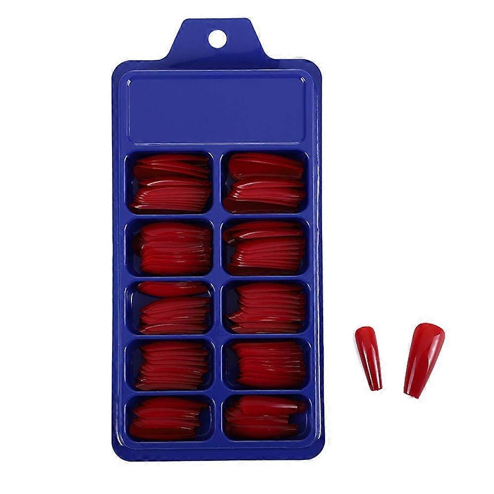Red Coffin False Nails Set 100pcs Full Cover Acrylic Nail Tips Mixed Sizes for Easy Manicure